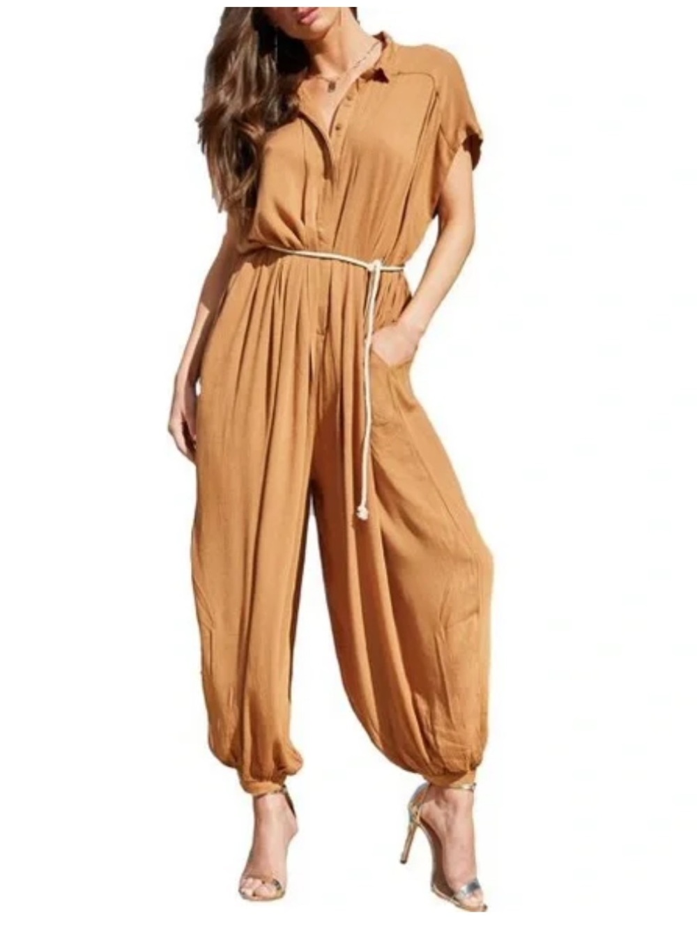 NWT Zara Women's Tan Jumpsuit with Tie Waist Medium